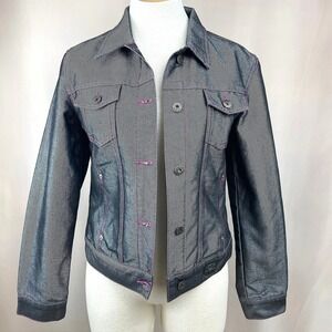 Vintage GUESS Womens (L) Metallic Denim Jean Jacket Pink Stitching Y2K Indie‎